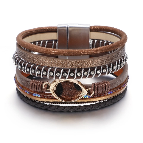 Bohemian Multi-Layer Leather Wrap Bracelet For Women Leopard Print Evil Eye Alloy Rhinestone Magnetic Clasp Fashion Jewelry