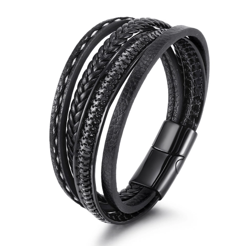 Men Multilayer Braided Leather Bracelet With Stainless Steel Magnetic Clasp Punk Woven Wrap Bangle Industrial Fashion Jewelry Gift