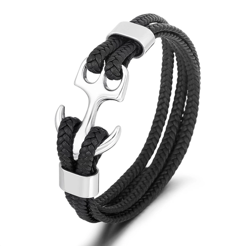 Vintage Men Stainless Steel Anchor Bracelet Multi-layer Braided Leather Rope Bangle Nautical Marine Fashion Handwoven Jewelry