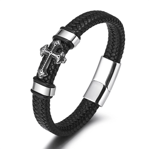 Herren Geflochtenes Lederarmband Mit Edelstahl Kreuz Anhänger Retro Punk Stil Handgelenkband Für Männer Schmuck Geschenke