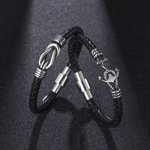 Men's Retro Handwoven Cowhide Leather Bracelet Stainless Steel Anchor Infinity Knot Magnetic Clasp Nautical Wristband Jewelry