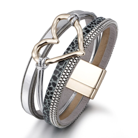 Bohemian Multilayer Artificial Leather Heart Bracelet For Women Fashion Magnetic Clasp Wrap Bangle Heart Charm Jewelry Gift