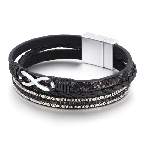Bracciale Multistrato in Pelle Intrecciata Bohémien Simbolo Infinito in Lega Chiusura Magnetica Strass Donna Gioielli