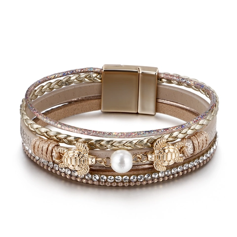 Bohemian PU Leather Multilayer Wrap Bracelet For Women With Turtle Charm Artificial Pearl Rhinestone Ethnic Magnetic Clasp Bracelet