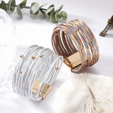 Boho Mehrlagiges Kunstleder Seil Armband Für Damen Vintage Legierung Magnetverschluss Holografisch Schimmerndes Perlen Hand Schmuck