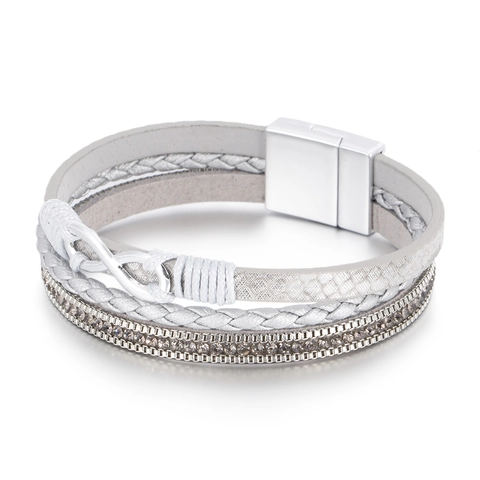 Bracciale Multistrato in Pelle Intrecciata Bohémien Simbolo Infinito in Lega Chiusura Magnetica Strass Donna Gioielli