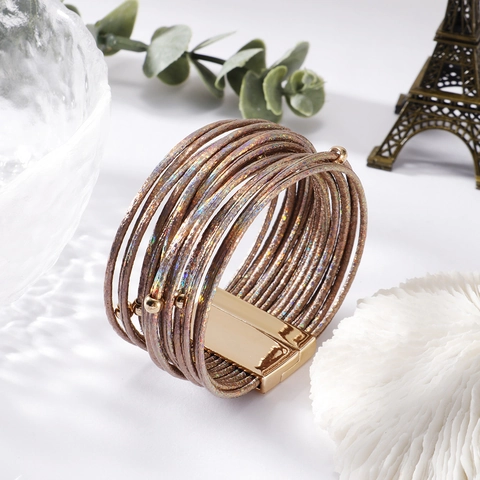 Boho Mehrlagiges Kunstleder Seil Armband Für Damen Vintage Legierung Magnetverschluss Holografisch Schimmerndes Perlen Hand Schmuck