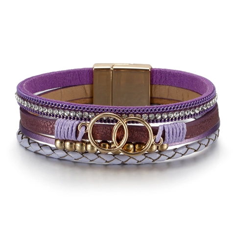 Bohemian Multi Layer Leather Wrap Bracelet For Women With Alloy Double Rings And Magnetic Clasp Rhinestone Decorative Hand Jewelry