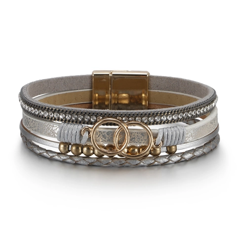 Bohemian Multi Layer Leather Wrap Bracelet For Women With Alloy Double Rings And Magnetic Clasp Rhinestone Decorative Hand Jewelry