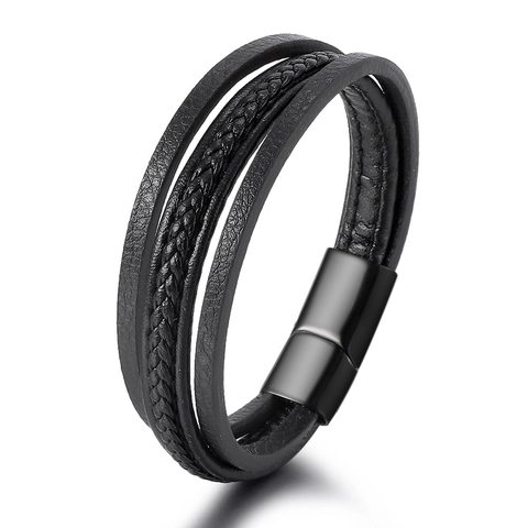Herren Mehrschichtiges Lederarmband Geflochtene Kordel Edelstahl Magnetverschluss Westlicher Stil Schwarz Mode Schmuck Armreif