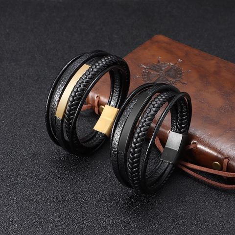 Men's Vintage Multilayer Woven Leather Bracelet with Magnetic Clasp Alloy Black Braided Wristband for Men Business Jewelry