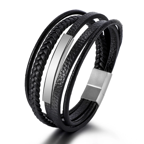 Men's Vintage Multilayer Woven Leather Bracelet with Magnetic Clasp Alloy Black Braided Wristband for Men Business Jewelry