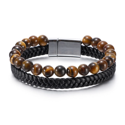 Heren Vintage Gevlochten Leren Armband Met Natuurlijke Tijgeroog Steen Agaat Kralen Gelaagde Magneetsluiting Hand Sieraden