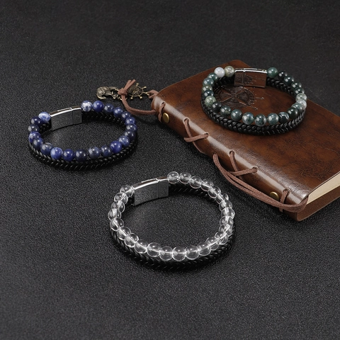Heren Vintage Gevlochten Leren Armband Met Natuurlijke Tijgeroog Steen Agaat Kralen Gelaagde Magneetsluiting Hand Sieraden