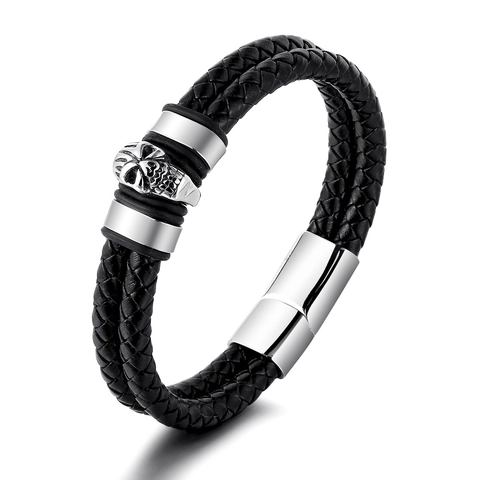 Men's Vintage Punk Skull Double Layer Braided Leather Bracelet Titanium Steel Magnetic Clasp Gothic Biker Jewelry Gift