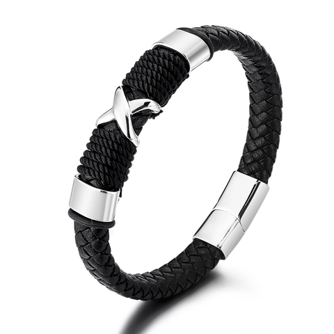 Bracciale da Uomo in Pelle di Vacchetta Intrecciata Acciaio Inossidabile Chiusura Magnetica Punk Minimalista Gioielli Regalo per Uomo