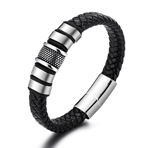 Men Handcrafted Woven Leather Bracelet Titanium Steel Geometric Ornaments Magnetic Clasp Minimalist Industrial Braid Wristband Jewelry