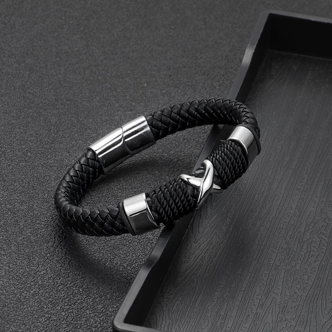 Bracciale da Uomo in Pelle di Vacchetta Intrecciata Acciaio Inossidabile Chiusura Magnetica Punk Minimalista Gioielli Regalo per Uomo