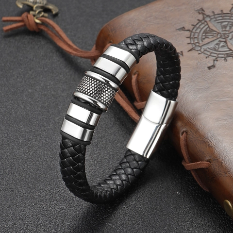 Men Handcrafted Woven Leather Bracelet Titanium Steel Geometric Ornaments Magnetic Clasp Minimalist Industrial Braid Wristband Jewelry
