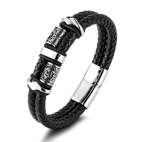 Herren Vintage Titanstahl Keltischer Knoten Geflochtenes Rindsleder Armband Mit Magnetverschluss Nordisches Totem Doppelstrang