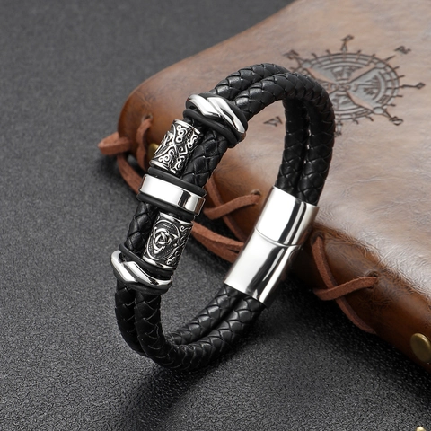 Herren Vintage Titanstahl Keltischer Knoten Geflochtenes Rindsleder Armband Mit Magnetverschluss Nordisches Totem Doppelstrang