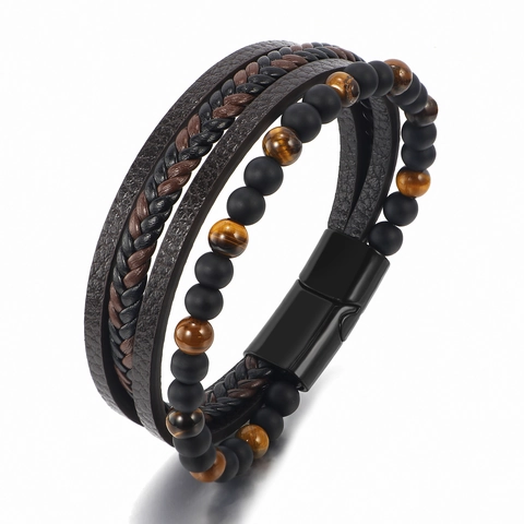 Mehrlagiges Geflochtenes Echtlederarmband Für Herren Mit Natürlichem Tigerauge Vulkanstein Lapislazuli Legierung Magnetverschluss Casual Schmuck