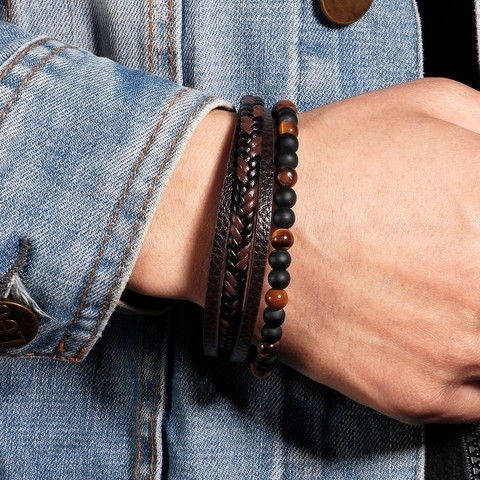 Bracciale da Uomo Multistrato in Vera Pelle Intrecciata Con Pietra Occhio di Tigre Naturale Pietra Vulcanica Lapislazzuli Chiusura Magnetica in Lega