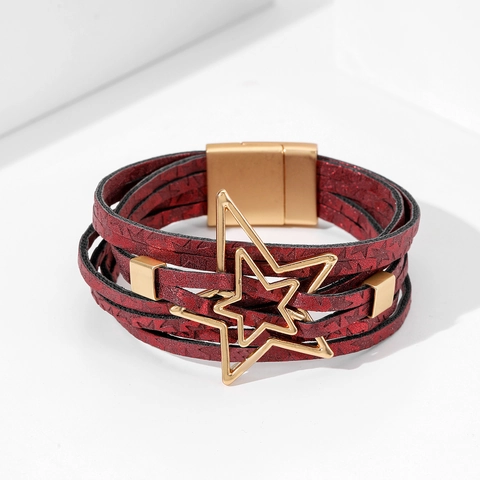 Bohemian Legierung Hohlstern Mehrlagiges Lederwickelarmband Mit Magnetschnalle Modeschmuck Armband Für Damen