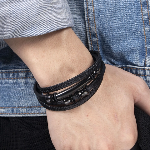 Herren Mehrlagiges Geflochtenes Lederarmband Mit Legierung Magnetverschluss Schwarz Punk Stil Armreif Täglich Pendeln Schmuck