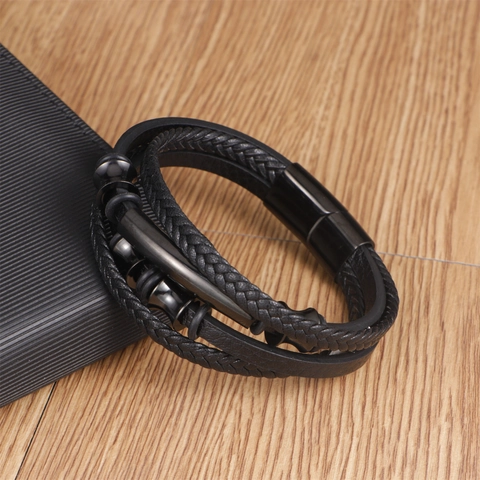 Herren Mehrlagiges Geflochtenes Lederarmband Mit Legierung Magnetverschluss Schwarz Punk Stil Armreif Täglich Pendeln Schmuck