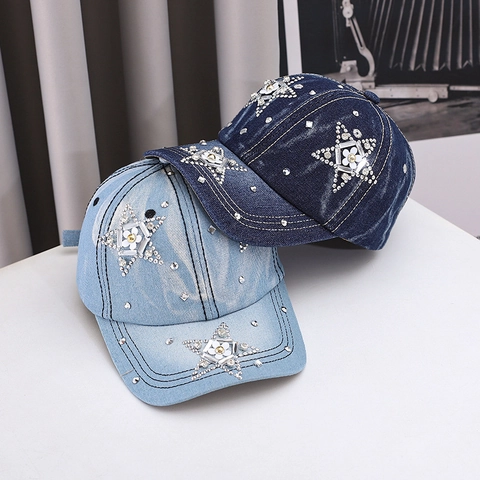 Berretto da Baseball in Denim da Donna alla Moda con Stella a Cinque Punte con Strass Regolabile per Viaggi all'Aperto