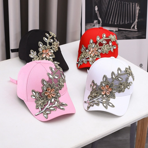 Women Luxury Rhinestone Baseball Cap Floral Embroidery Gold Thread Sun Protection Fashion Peaked Hat For Outdoor Vacation