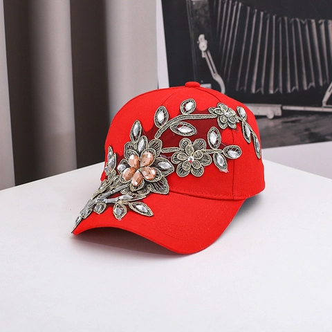 Women Luxury Rhinestone Baseball Cap Floral Embroidery Gold Thread Sun Protection Fashion Peaked Hat For Outdoor Vacation