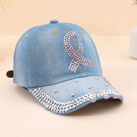 Unisex Denim Baseballkappe Mit Strass Rosa Schleife Distressed Gewaschener Baumwolle Sonnenhut Verstellbare Mode Kappe