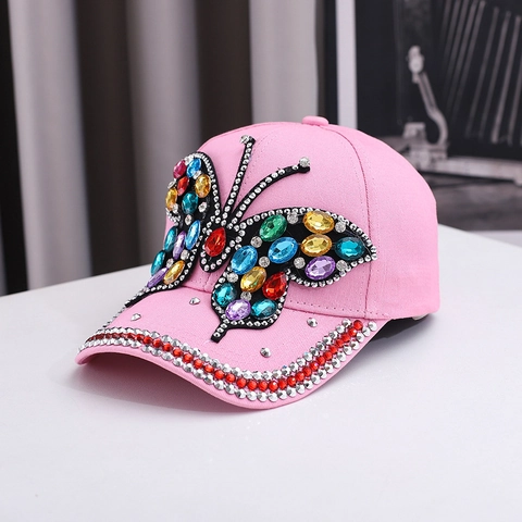 Butterfly Pattern Rhinestone Baseball Cap Fashion Outdoor Sun Hat Casual Hip Hop Style Fabric Peaked Cap For Women Accessories