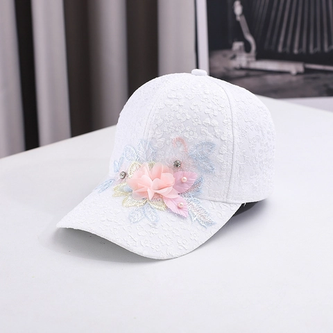 Gorra de Béisbol de Encaje Elegante para Mujer Dulce Flor 3D Sombrero Sombrilla Con Perla Artificial Diamante Respirable Vacaciones