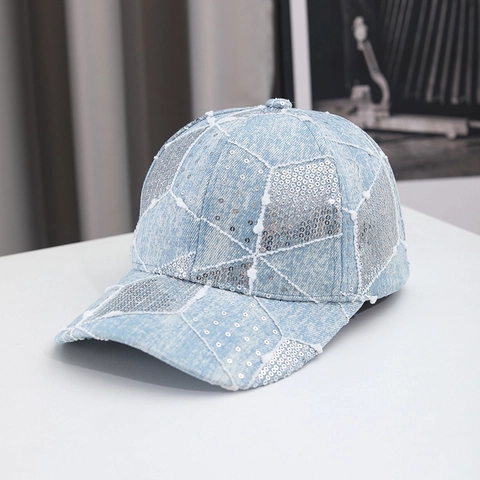 Mode Denim Baseballkappe Geometrische Pailletten Eingelegt Sonnenschutz Verstellbare Freizeit Schirmmütze Für Outdoor Reisen Erwachsene Unisex