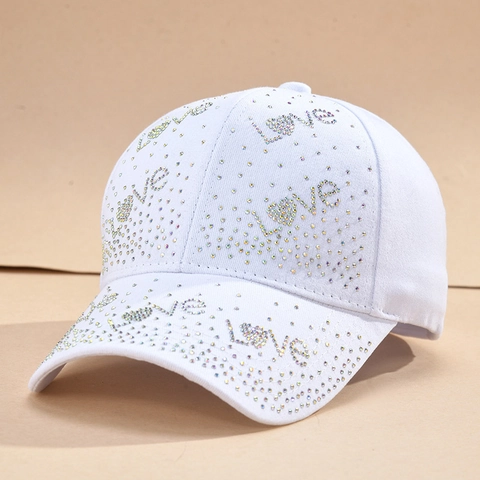 Damen Mode Strass Baseballkappe Buchstabe Love Muster Glitzer Stoff Sonnenhut Für Outdoor Reisen Stilvoller Verstellbarer Hut