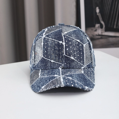 Mode Denim Baseballkappe Geometrische Pailletten Eingelegt Sonnenschutz Verstellbare Freizeit Schirmmütze Für Outdoor Reisen Erwachsene Unisex
