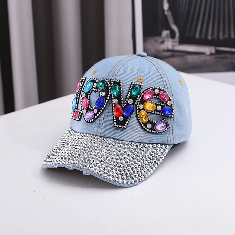 Berretto da Baseball in Denim con Strass LOVE da Donna Cappello con Visiera Regolabile Cristallo Luccicante Protezione Solare Moda