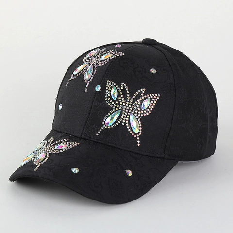 Gorra de Béisbol de Moda para Mujer con Mariposa de Strass Tela de Jacquard Ajustable Sombrero de Sol con Estilo para Viajes al Aire Libre