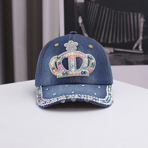 Dames Denim Honkbalpet Met Strass Kroon Mode Verweerd Blauw Verstelbare Zonnehoed Voor Outdoor Dagelijks Feest Reizen