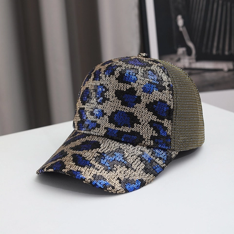 Berretto da Baseball con Paillettes Stampa Leopardata Rete Traspirante Protezione Solare Regolabile Moda Hip Hop Trucker Hat