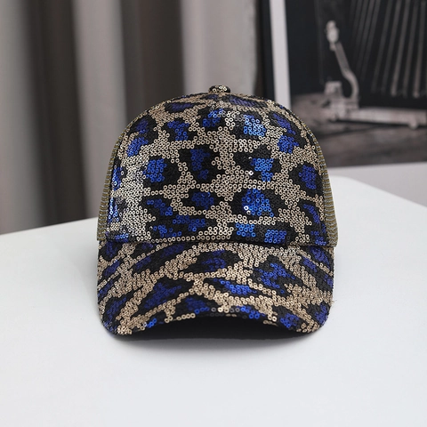 Berretto da Baseball con Paillettes Stampa Leopardata Rete Traspirante Protezione Solare Regolabile Moda Hip Hop Trucker Hat