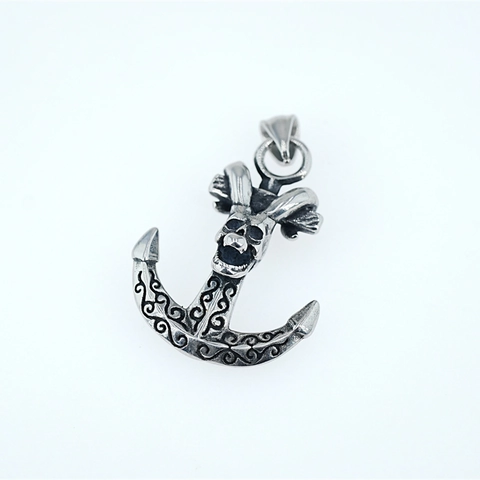 Vintage Gothic Anchor Skull Pendant Necklace For Men Titanium Steel Antique Silver Engraved Scrollwork Hip Hop Jewelry