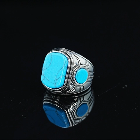 Vintage Men Turquoise Ring Stainless Steel Ethnic Engraved Blue Stone Finger Jewelry Bohemian Retro Style Accessory