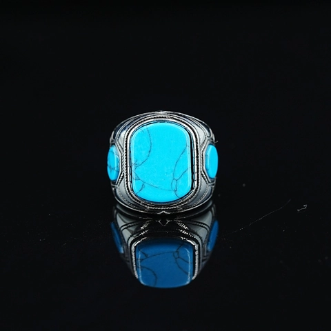 Vintage Men Turquoise Ring Stainless Steel Ethnic Engraved Blue Stone Finger Jewelry Bohemian Retro Style Accessory