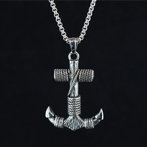 Vintage Stainless Steel Anchor Cross Pendant Necklace For Men Hip Hop Streetwear Antique Silver Rope Wrapped Nautical Jewelry Accessory