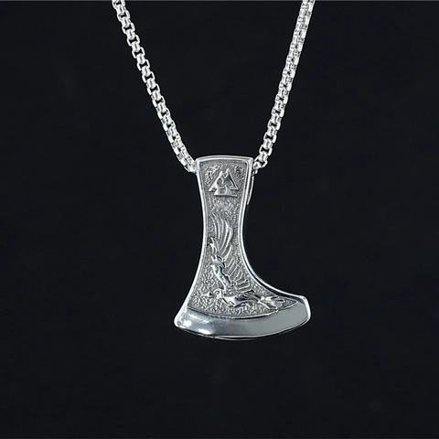 Collar de Colgante de Hacha Vikinga Lobo Águila Relieve Hombre Acero Inoxidable Nórdico Valknut Gótico Biker Joyas Collares