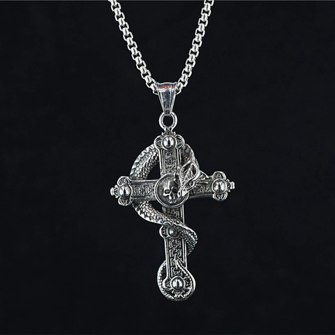 Collana Pendente Croce Teschio Serpente Gotico Acciaio al Titanio Punk Hip Hop Retro Argento Ossidato Gioielli Uomo Donna